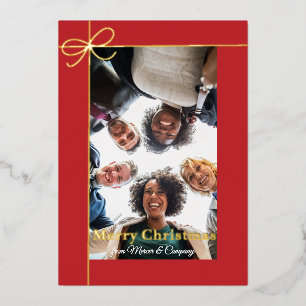 Minimalist Gift Wrap and Bow Photo Gold Real Foil Holiday Card