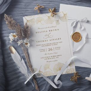 Minimalist Ginkgo Reverie Gold QR Code Wedding Invitation