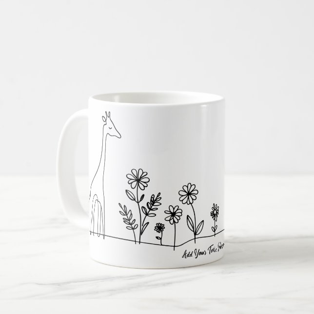 Minimalist Giraffe Flowers Line Art Drawing Coffee Mug (Front Left)
