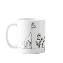 Minimalist Giraffe Flowers Line Art Drawing