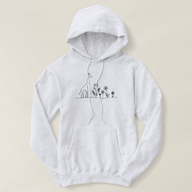 Minimalist Giraffe Flowers Line Art Drawing Hoodie (Design Front)