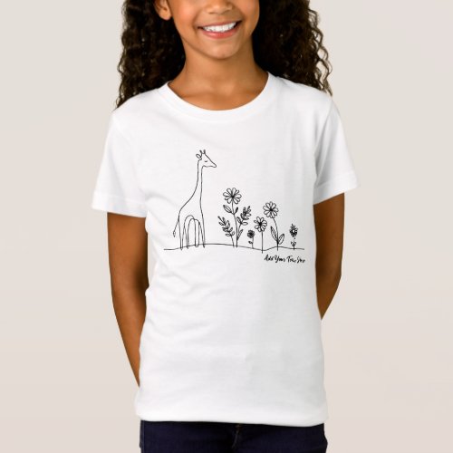 Minimalist Giraffe Flowers Line Art Drawing T_Shirt