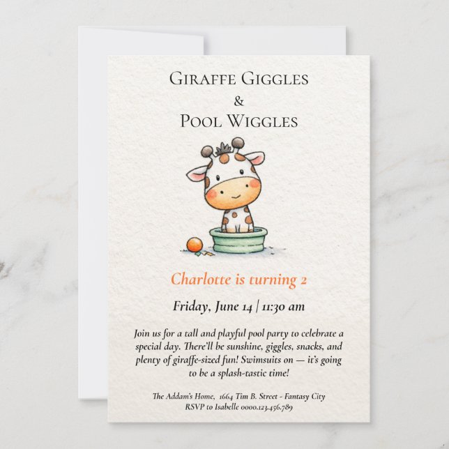 Minimalist Giraffe Pool Party Invitation (Front)