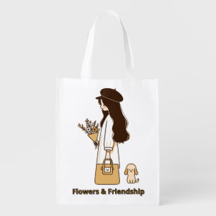 Minimalist Girl with Poodle and Wildflowers Grocery Bag