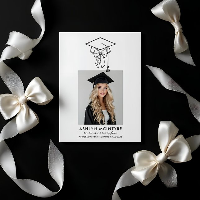 Minimalist Girly Cap and Photo Graduation Invitation (Beautiful Bow Graduation Announcement)