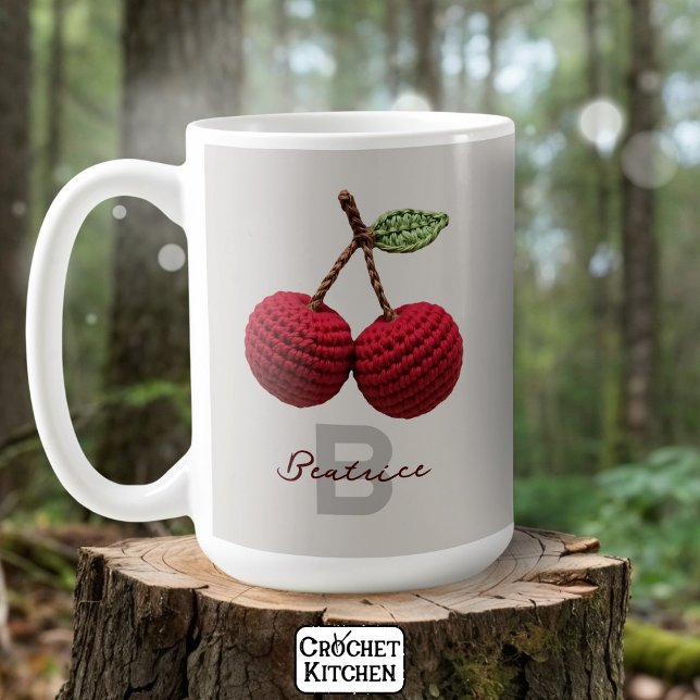 Minimalist Girly Crochet Red Cherry Monogram Name Coffee Mug (Creator Uploaded)