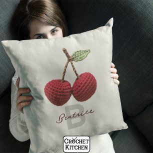 Minimalist Girly Crochet Red Cherry Monogram Name Throw Pillow