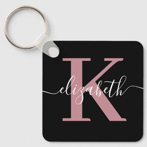 Minimalist Girly Name Monogram Script Black Pink Keychain