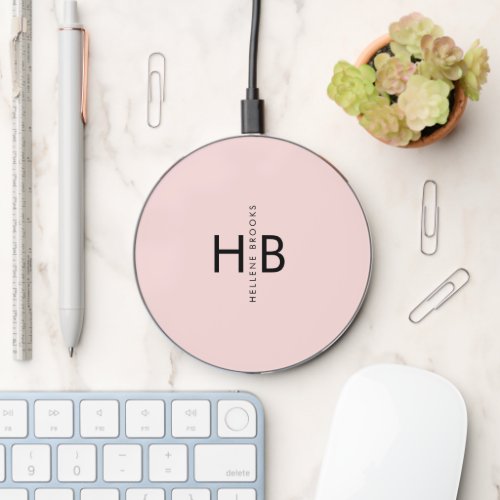 Minimalist Girly Pink  Black Initial Monogram Wireless Charger