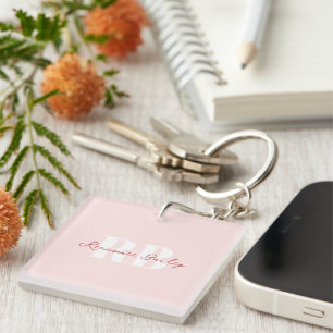 Minimalist Girly Pink White Monogram Keychain