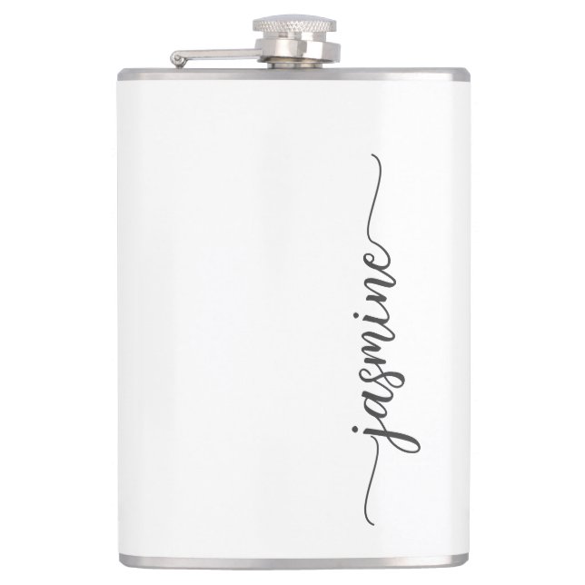 Minimalist Girly White Monogram Name Script Flask (Front)