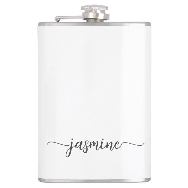 Minimalist Girly White Monogram Name Script Flask (Front)