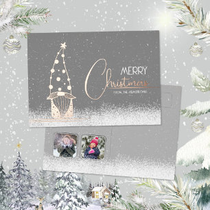 Minimalist Gnome Two Photo Rose Gold Christmas Foil Holiday Card
