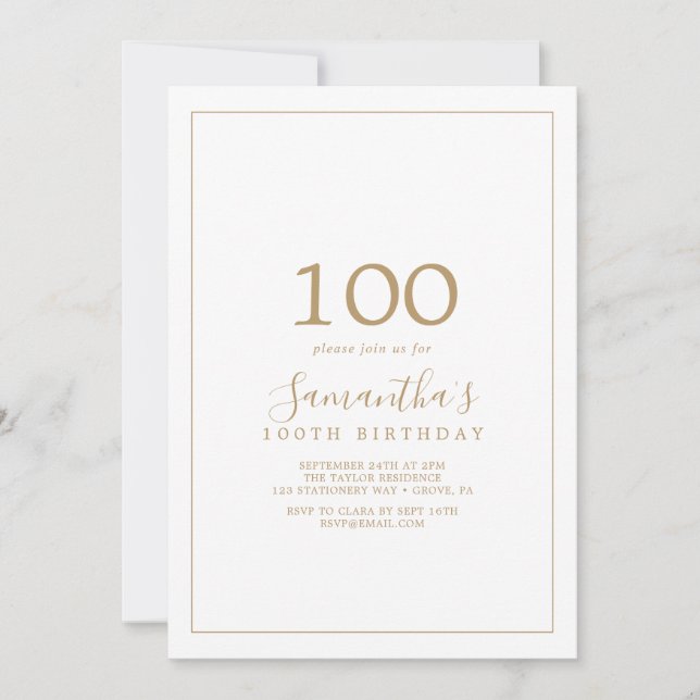 Minimalist Gold 100th Birthday Invitation (Front)