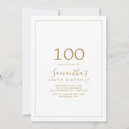 Minimalist Gold 100th Birthday Invitation