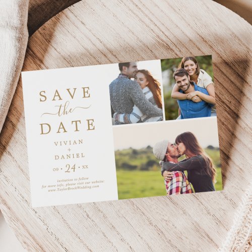 Minimalist Gold 3 Photo Collage Save The Date