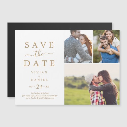 Minimalist Gold 3 Photo Collage Save the Date Magnetic Invitation