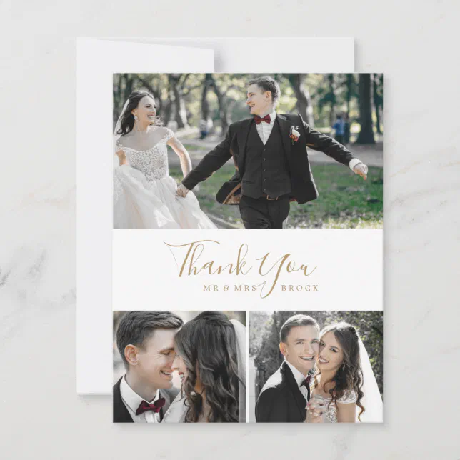 Minimalist Gold 3 Photo Collage Thank You Card | Zazzle