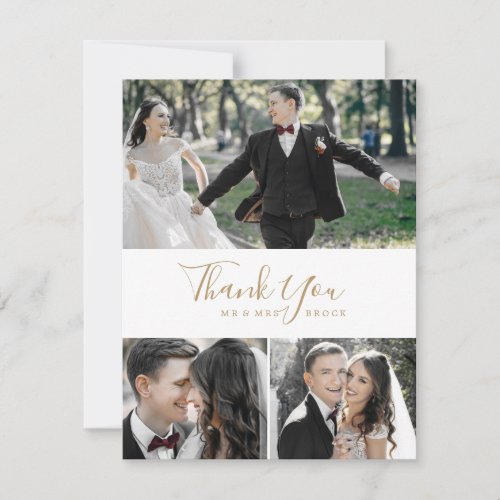 Minimalist Gold 3 Photo Collage Thank You Card
