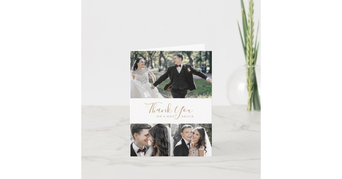 Minimalist Gold 3 Photo Collage Thank You Card | Zazzle