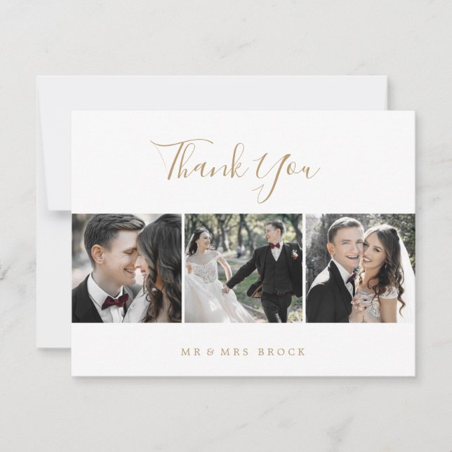 Minimalist Gold 3 Photo Template Thank You Card (Front)