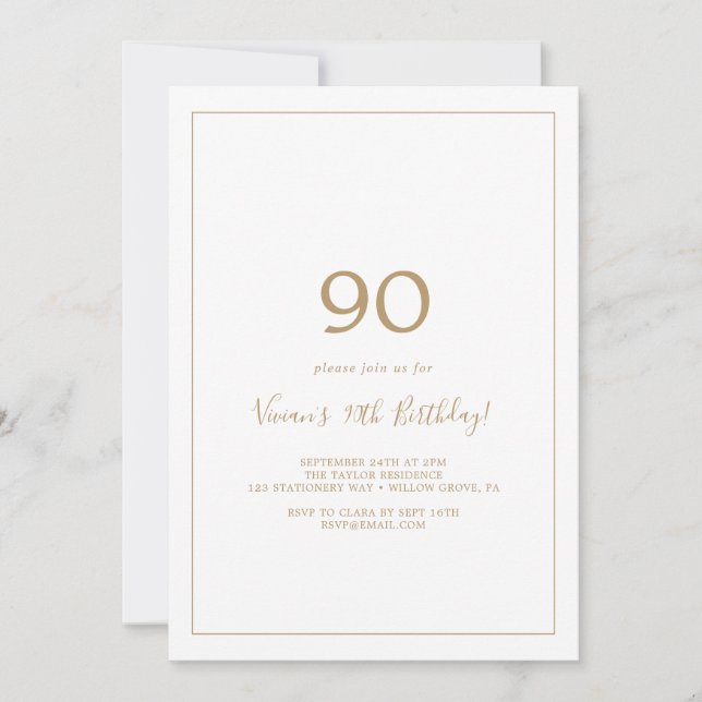 Minimalist Gold 90th Birthday Party Invitation (Front)
