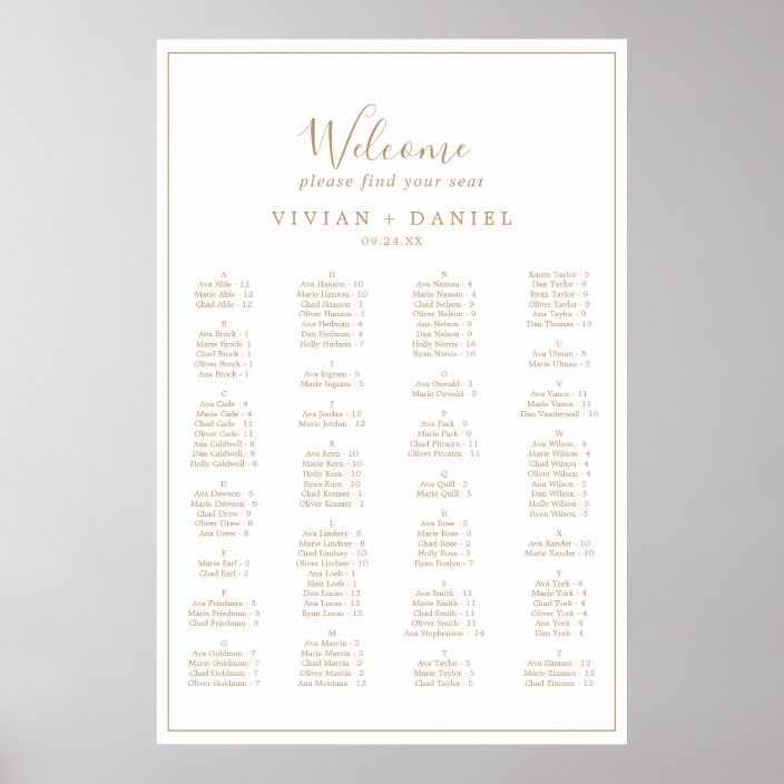 Minimalist Gold Alphabetical Seating Chart | Zazzle.com