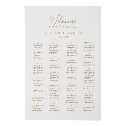 Minimalist Gold Alphabetical Seating Chart Faux Canvas Print