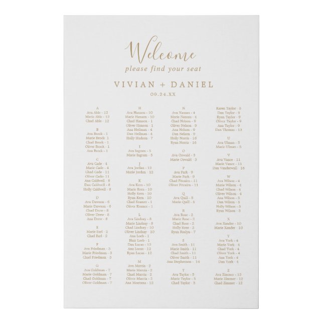 Minimalist Gold Alphabetical Seating Chart Faux Canvas Print (Front)