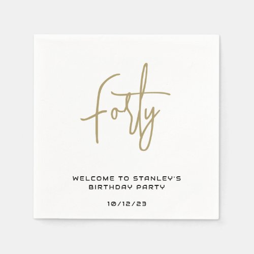 Minimalist Gold and White Forty Birthday Party Napkins