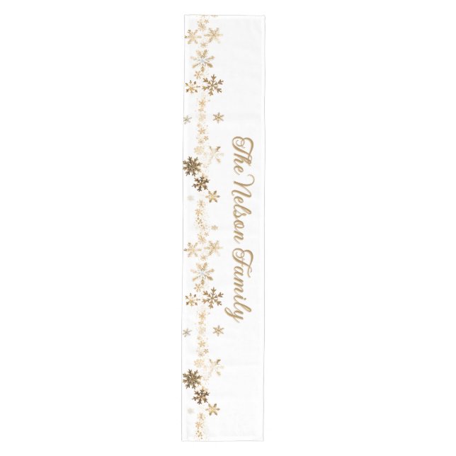 Minimalist Gold and White Snowflake Family Name Medium Table Runner (Front)