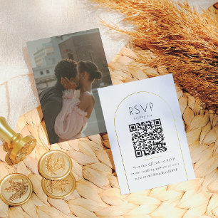 Minimalist Gold Arch Photo QR Code Wedding RSVP Enclosure Card