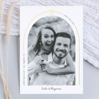 Minimalist Gold Arch with Bow Photo Save the Date Foil Holiday Card