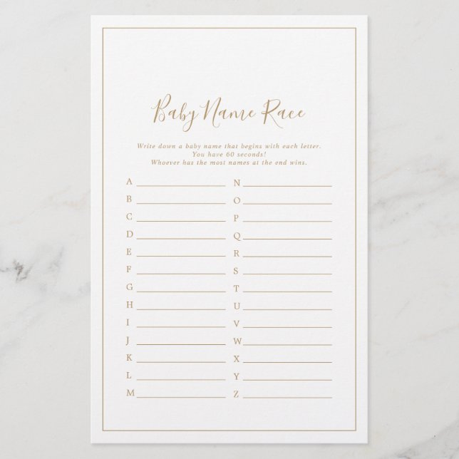 Minimalist Gold Baby Shower Baby Name Race Game (Front)