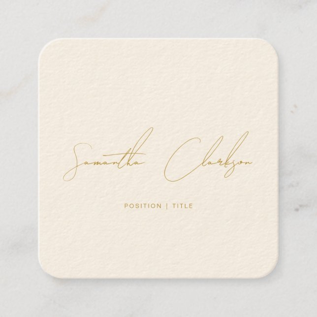 Minimalist Gold & Beige Handwritten Script QR Code Square Business Card (Front)