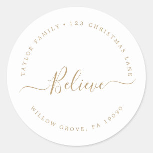 Minimalist Gold Believe Holiday Circular Address Classic Round Sticker