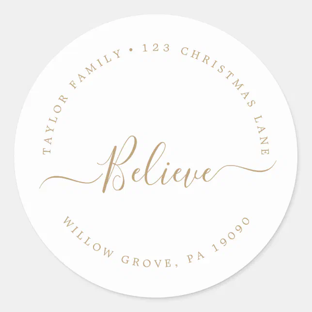 Minimalist Gold Believe Holiday Circular Address Classic Round Sticker ...