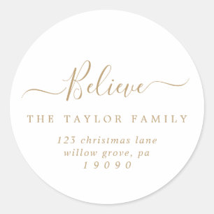 Minimalist Gold Believe Holiday Return Address Classic Round Sticker