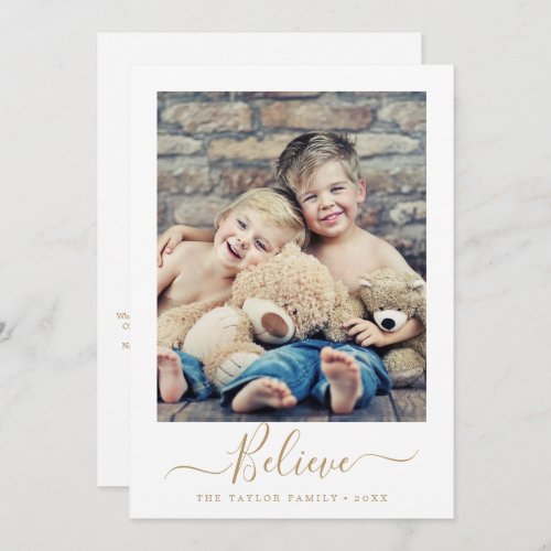 Minimalist Gold Believe Year In Review Portrait Holiday Card