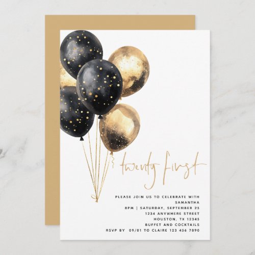 Minimalist Gold Black Balloons 21st Party Invitation