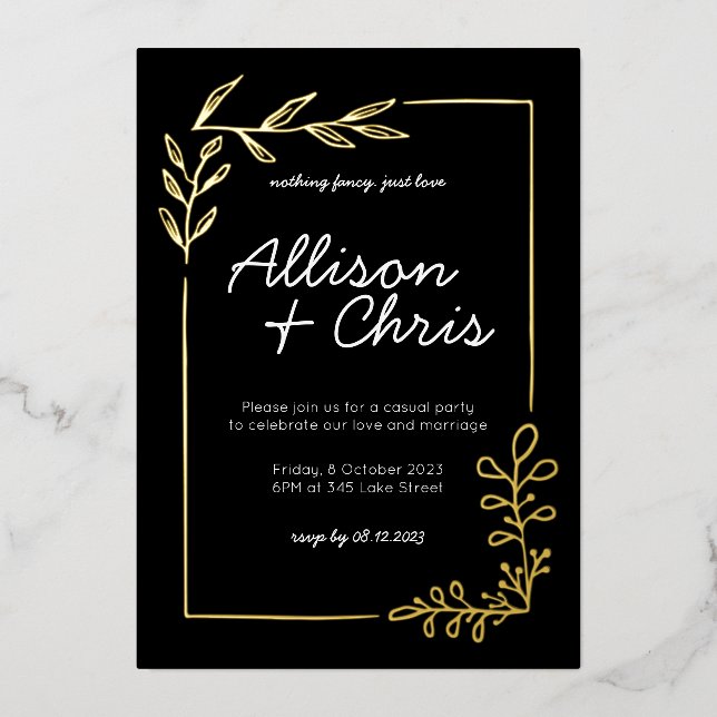 Minimalist Gold, Black & White Script Wedding Foil Invitation (Front)