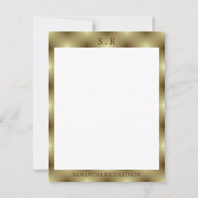 Minimalist Gold Border Monogram Note Card (Front)