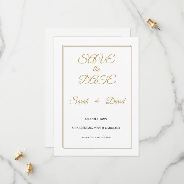 Minimalist Gold Border Save the Date Card (Front/Back In Situ)