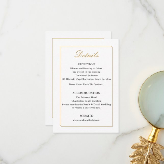 Minimalist Gold Border Wedding Details Insert Card (Front/Back In Situ)