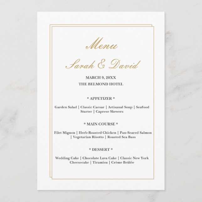 Minimalist Gold Border Wedding Menu Card (Front)