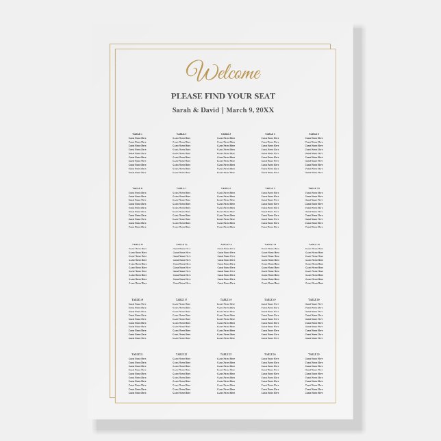 Minimalist Gold Border Wedding Seating Chart Sign (Front)