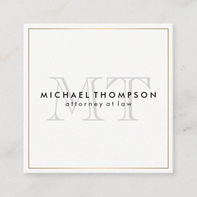 Minimalist Gold Border with Monogram Square Business Card (Front)