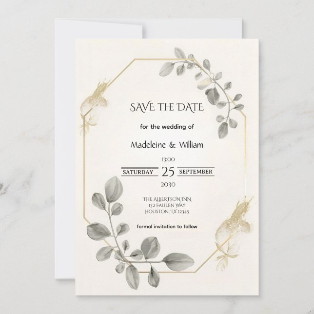 Minimalist Gold Botanical Elegant Wedding Save The Date (Front)