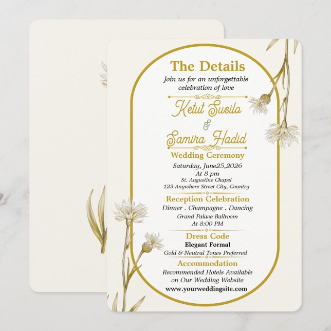Minimalist Gold Botanical Wedding Details Card (Front/Back)