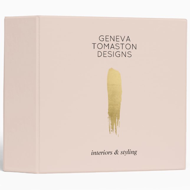 Minimalist Gold Brushstroke Designer Logo Pink 3 Ring Binder (Front/Spine)
